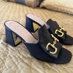 GG Horsebit Mules block heel sandals with gold buckle NEW